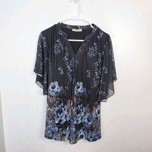 Timeson Black Blue Floral Ruffle Sleeve‎ Mesh Feminine Blouse Size Medium